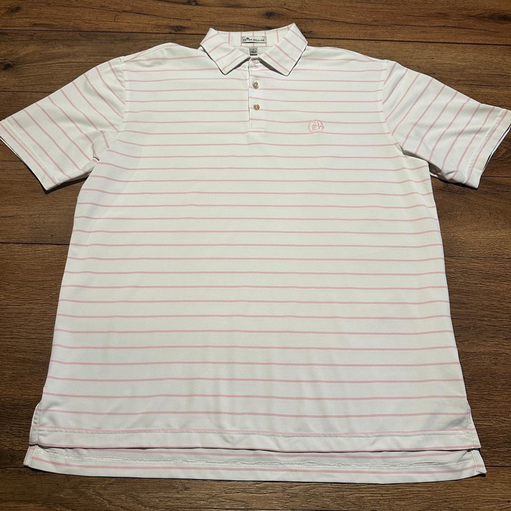 Peter Millar White Pink Striped Polo Shirt Mens Large Butler Country Club Logo - Picture 2 of 6